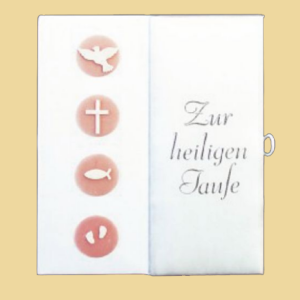 Taufbrief zur heiligen Taufe Taube, Kreuz, Fisch & Patscherln rosa